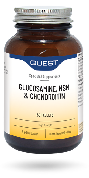 Professional bottle of Quest Glucosamine, MSM, and Chondroitin tablets.