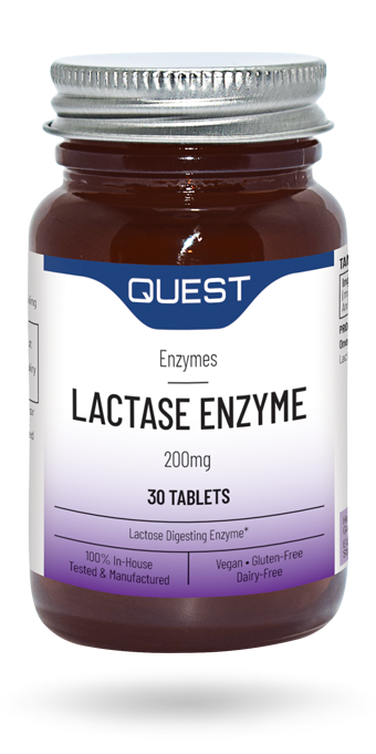 Quest Lactase Enzyme 200mg supplement bottle with thirty vegan tablets.