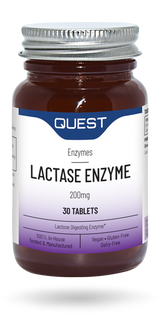Quest Lactase Enzyme 200mg supplement bottle with thirty vegan tablets.