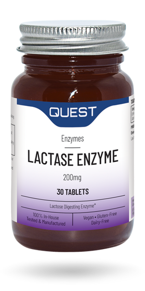 Quest Lactase Enzyme 200mg supplement bottle with thirty vegan tablets.