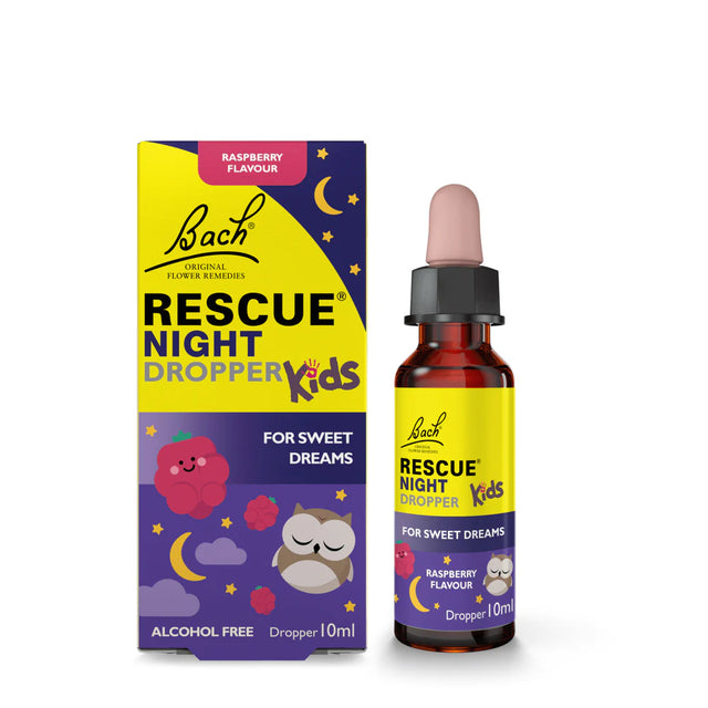 Bach Rescue Night Kids raspberry dropper with alcohol-free flower essences.
