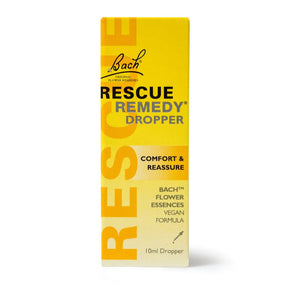 Bach Rescue Remedy 10ml dropper box, vegan flower essence formula.
