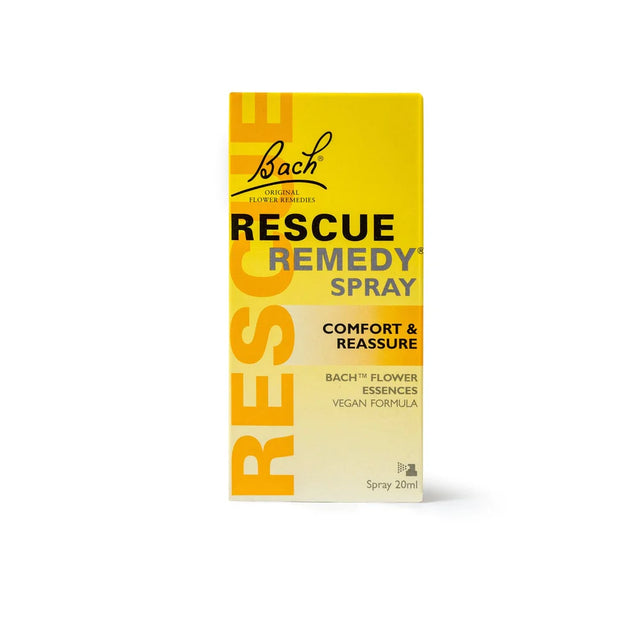 Bach Rescue Remedy 20ml spray box, vegan flower essence formula.