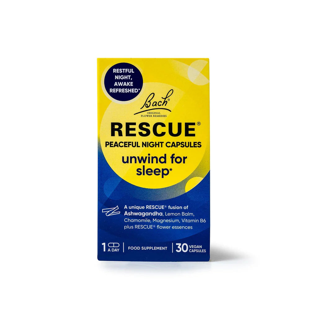 Bach Rescue Peaceful Night capsules with ashwagandha, chamomile, and magnesium.