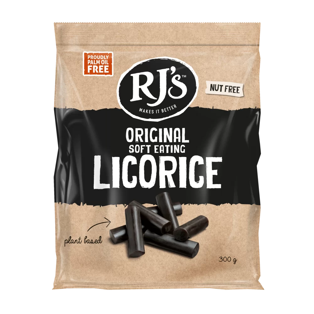A bag of RJ's Original Soft Eating Licorice, plant-based and nut-free.