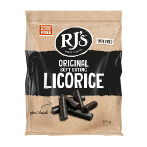 A bag of RJ's Original Soft Eating Licorice, plant-based and nut-free.