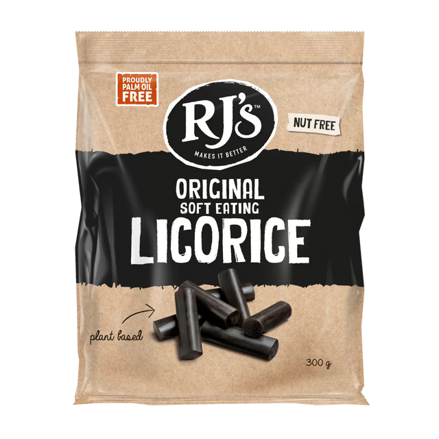 A bag of RJ's Original Soft Eating Licorice, plant-based and nut-free.