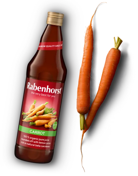 A bottle of Rabenhorst 100% organic carrot juice with two fresh carrots.