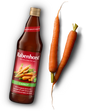 A bottle of Rabenhorst 100% organic carrot juice with two fresh carrots.