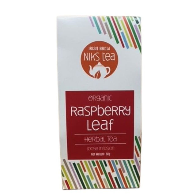 A box of Irish Brew NIKS Tea, "Organic Raspberry Leaf" herbal tea, presented as a loose infusion with a net weight of 60g, featuring colorful geometric border patterns.