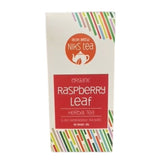 A box of Irish Brew NIKS Tea, "Organic Raspberry Leaf" herbal tea, containing 15 bio-degradable tea bags with a net weight of 40g, featuring colorful geometric border patterns.