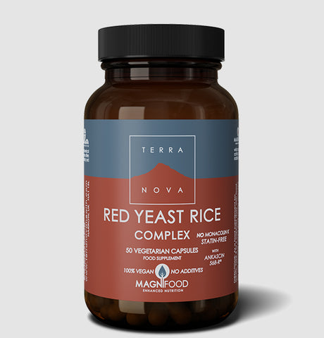 Terranova Red Yeast Rice Complex: Amber bottle of Terranova Red Yeast Rice Complex food supplement, featuring a label with branding, the Magnifood logo, and text indicating it contains 50 100% vegan, additive-free vegetarian capsules that are statin-free and contain Ankascin 568-R.