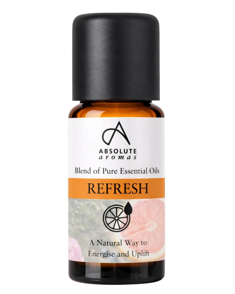 Absolute Aromas Refresh essential oil blend in an amber glass bottle, designed to energize and uplift.