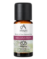 Absolute Aromas Relaxation blend of pure essential oils, a natural way to soothe and unwind, in an amber glass bottle with a black cap.