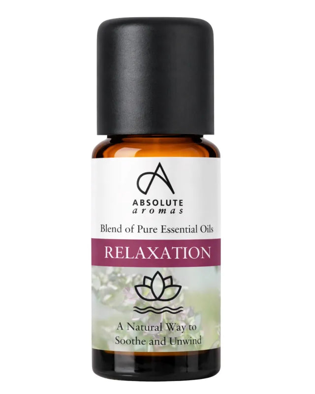 Absolute Aromas Relaxation blend of pure essential oils, a natural way to soothe and unwind, in an amber glass bottle with a black cap.