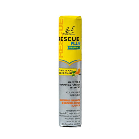A single tube of Bach Rescue Plus Vitamin supplement, featuring a yellow and silver design with orange and blue accents, on a plain white background.