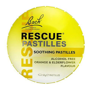 A round yellow package of Bach Rescue Pastilles Soothing Pastilles, 50g, on a plain white background.