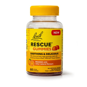 Bach Rescue orange flavoured vegan gummies, soothing and delicious formula.