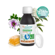 Puressentiel respiratory soothing syrup bottle with honeycomb, a purple flower, and a plastic measuring spoon.