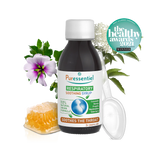 Puressentiel respiratory soothing syrup bottle with honeycomb, a purple flower, and a plastic measuring spoon.