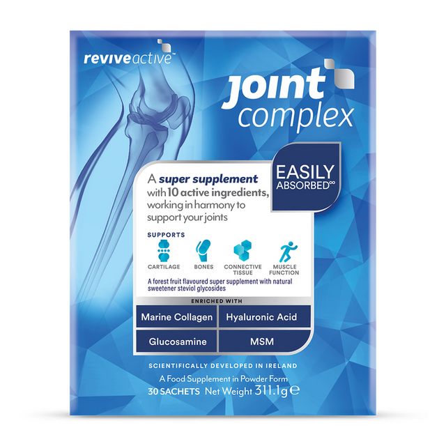 Revive Active Joint Complex marine collagen glucosamine and hyaluronic acid sachets for joint mobility 30 pack.