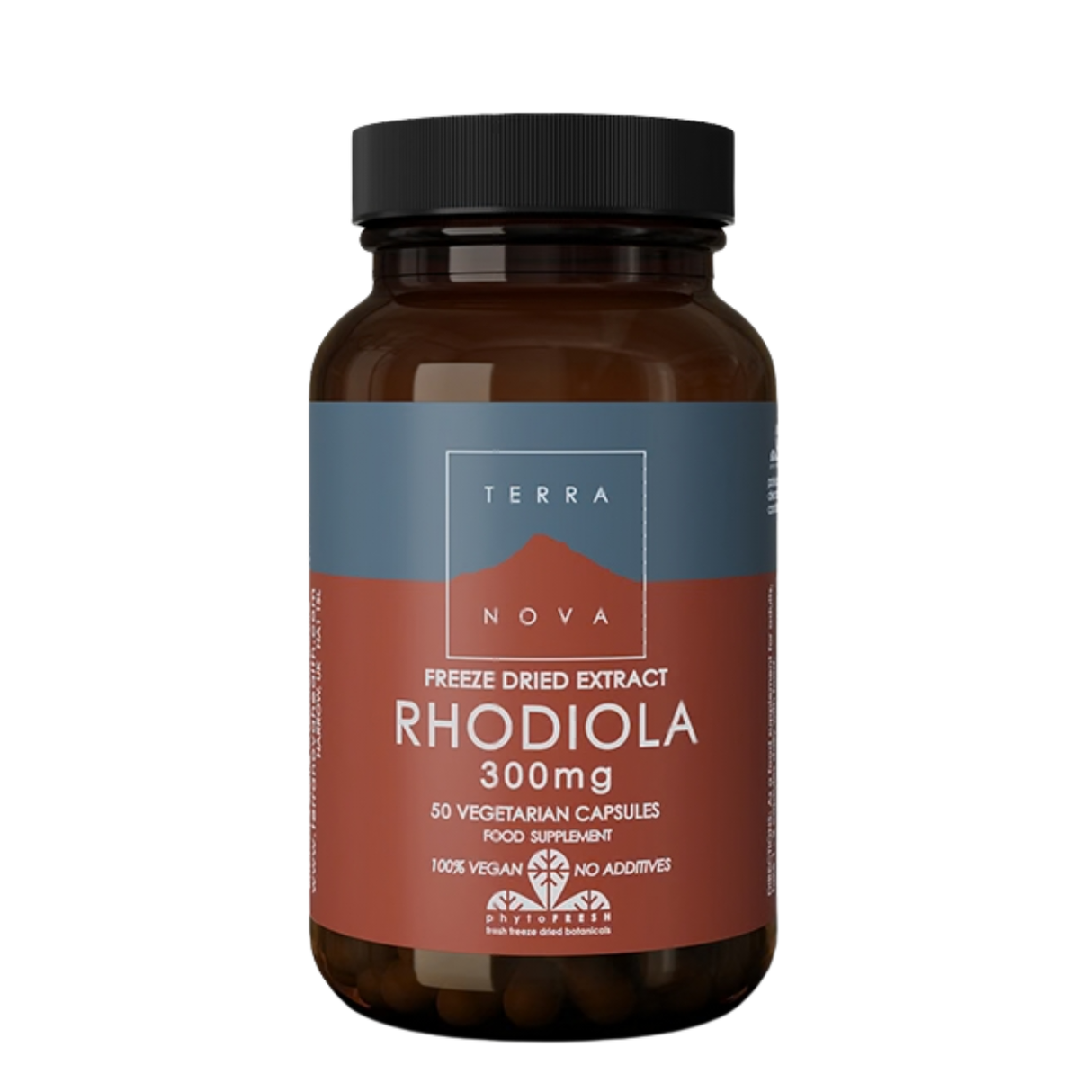 Terranova Rhodiola 300mg vegan capsules with Magnifood Complex for stress relief energy and mental clarity support.