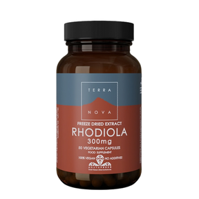 Terranova Rhodiola 300mg vegan capsules with Magnifood Complex for stress relief energy and mental clarity support.