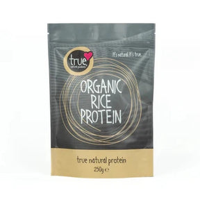 A 250g grey and tan resealable pouch of True Organic Rice Protein featuring a tan circular logo and white text.