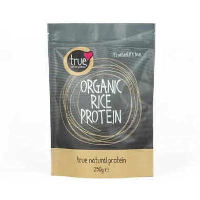 A 250g grey and tan resealable pouch of True Organic Rice Protein featuring a tan circular logo and white text.