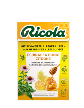 Yellow Ricola box for Echinacea Honey Lemon drops featuring honeycomb and herb illustrations.