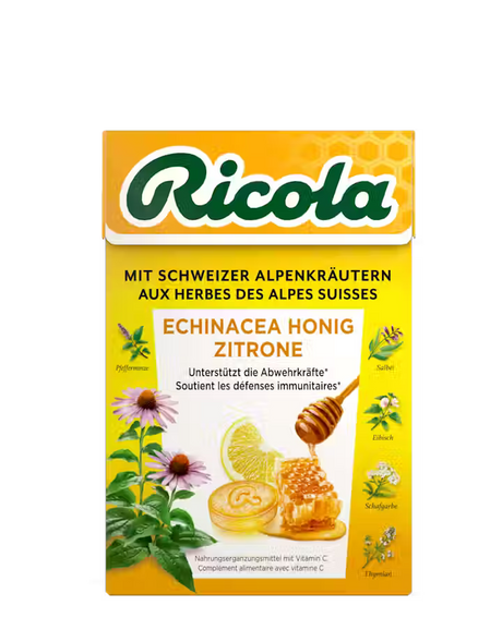 Yellow Ricola box for Echinacea Honey Lemon drops featuring honeycomb and herb illustrations.