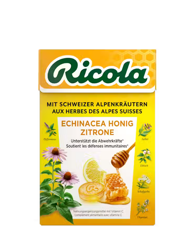 Yellow Ricola box for Echinacea Honey Lemon drops featuring honeycomb and herb illustrations.