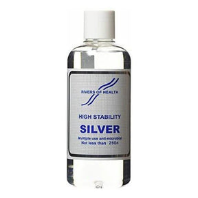Clear bottle of Rivers of Health High Stability Silver anti-microbial liquid with a white screw cap.