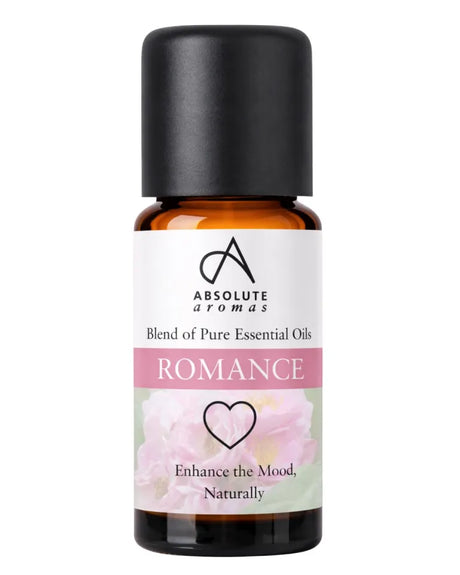 Absolute Aromas Romance blend of pure essential oils, designed to enhance the mood naturally, in an amber glass bottle with a black cap.