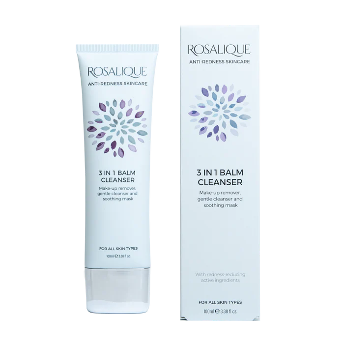 White Rosalique 3 in 1 Balm Cleanser tube and box with purple floral graphic.