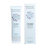 White Rosalique 3 in 1 Balm Cleanser tube and box with purple floral graphic.