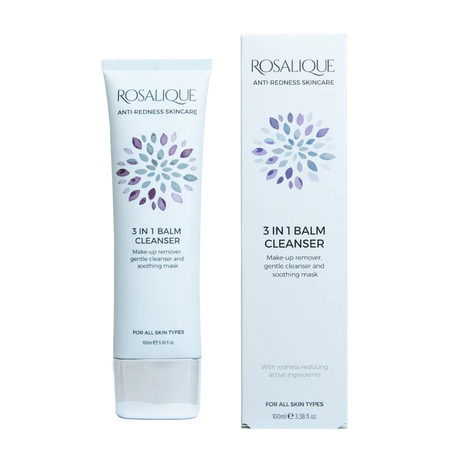 White Rosalique 3 in 1 Balm Cleanser tube and box with purple floral graphic.