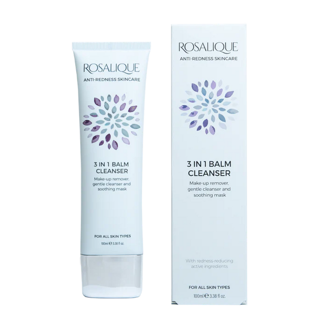 White Rosalique 3 in 1 Balm Cleanser tube and box with purple floral graphic.