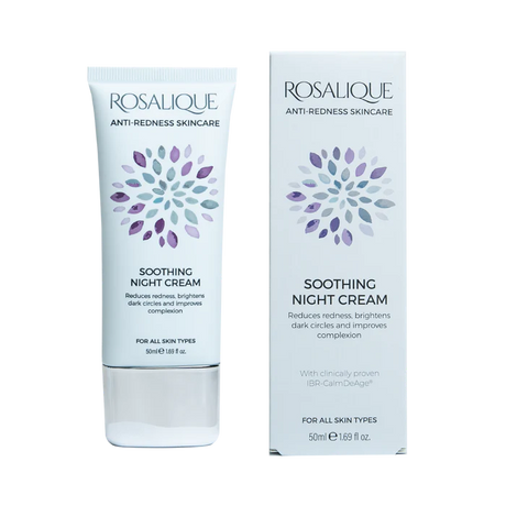White Rosalique Soothing Night Cream tube and box with purple floral graphic.