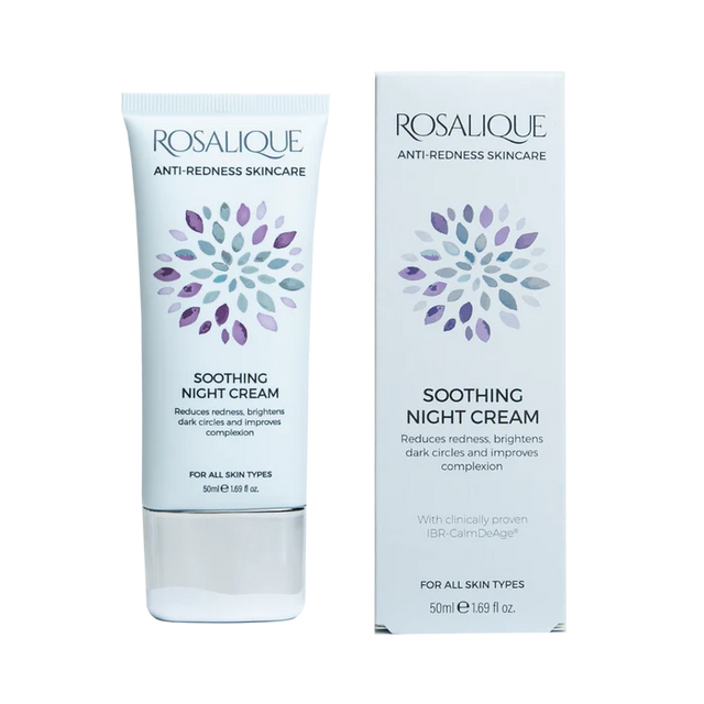 White Rosalique Soothing Night Cream tube and box with purple floral graphic.