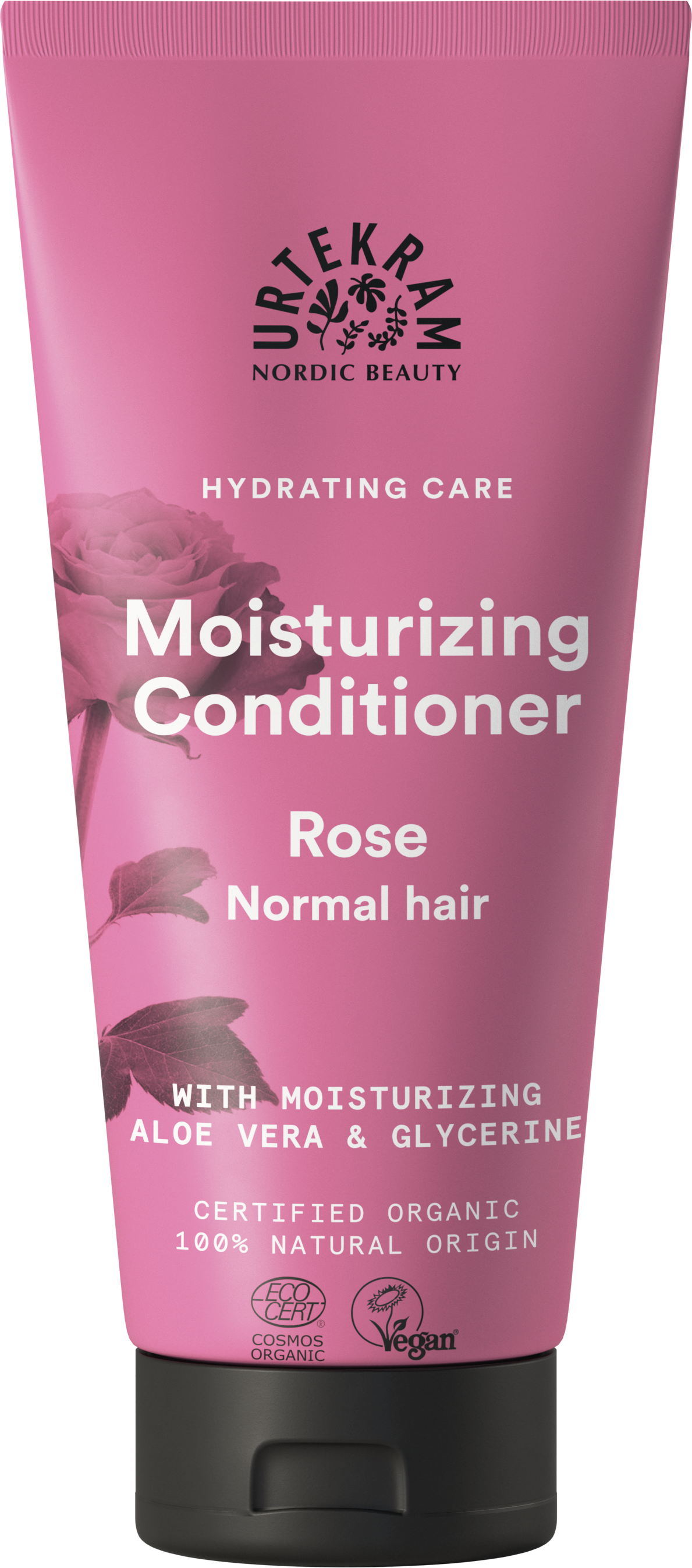 A rose-pink squeeze tube of Urtekram Moisturizing Conditioner for normal hair, featuring a rose illustration and the "Hydrating Care" tagline. The label indicates it contains moisturizing aloe vera and glycerine, is certified organic, 100% natural origin, and holds Vegan and Ecocert COSMOS Organic certifications.