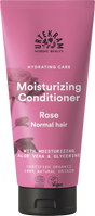 A rose-pink squeeze tube of Urtekram Moisturizing Conditioner for normal hair, featuring a rose illustration and the "Hydrating Care" tagline. The label indicates it contains moisturizing aloe vera and glycerine, is certified organic, 100% natural origin, and holds Vegan and Ecocert COSMOS Organic certifications.