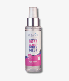 Ultrapure Laboratories Refreshing Rose Water Toner Mist in a clear spray bottle with silver and pink accents.