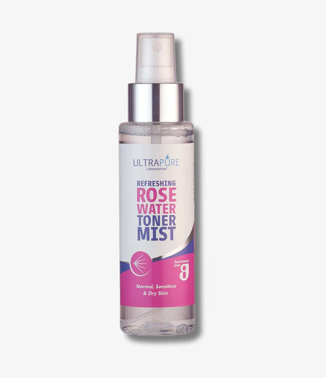 Ultrapure Laboratories Refreshing Rose Water Toner Mist in a clear spray bottle with silver and pink accents.