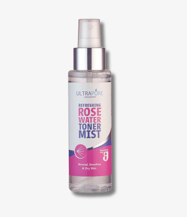 Ultrapure Laboratories Refreshing Rose Water Toner Mist in a clear spray bottle with silver and pink accents.