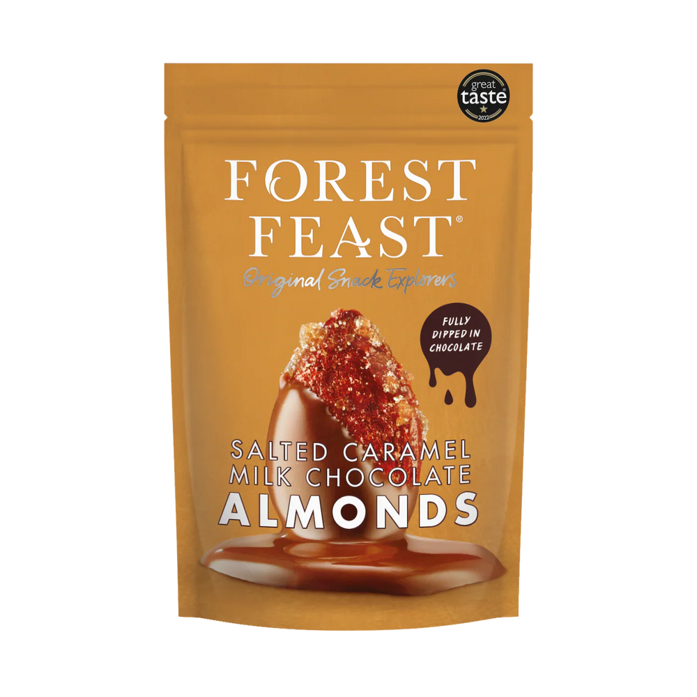 Forest Feast Salted Caramel Milk Chocolate Almonds 120g pouch.