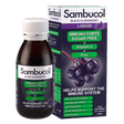 Sambucol Immuno Forte Sugar Free Black Elderberry liquid, a 120ml food supplement enriched with Vitamin C and Zinc to support the immune system, shown with its bottle and outer packaging.