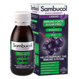 Sambucol Immuno Forte Sugar Free Black Elderberry liquid, a 120ml food supplement enriched with Vitamin C and Zinc to support the immune system, shown with its bottle and outer packaging.