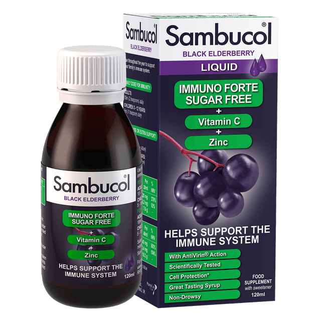 Sambucol Immuno Forte Sugar Free Black Elderberry liquid, a 120ml food supplement enriched with Vitamin C and Zinc to support the immune system, shown with its bottle and outer packaging.