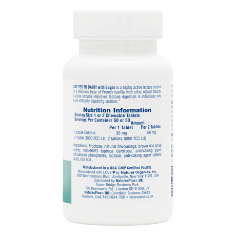 Back label of NaturesPlus Animal Parade Gold children's multi-vitamin showing nutrition facts, 500 IU Vitamin D3, Vitamin K2, and a whole food nutrient blend in a sugar-free chewable formula.
